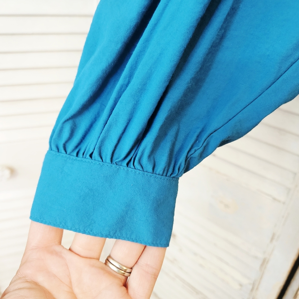 Vintage 80s Teal Blue High Neck Blouse With Gathered Shoulders Small/Medium - Picture 6 of 11